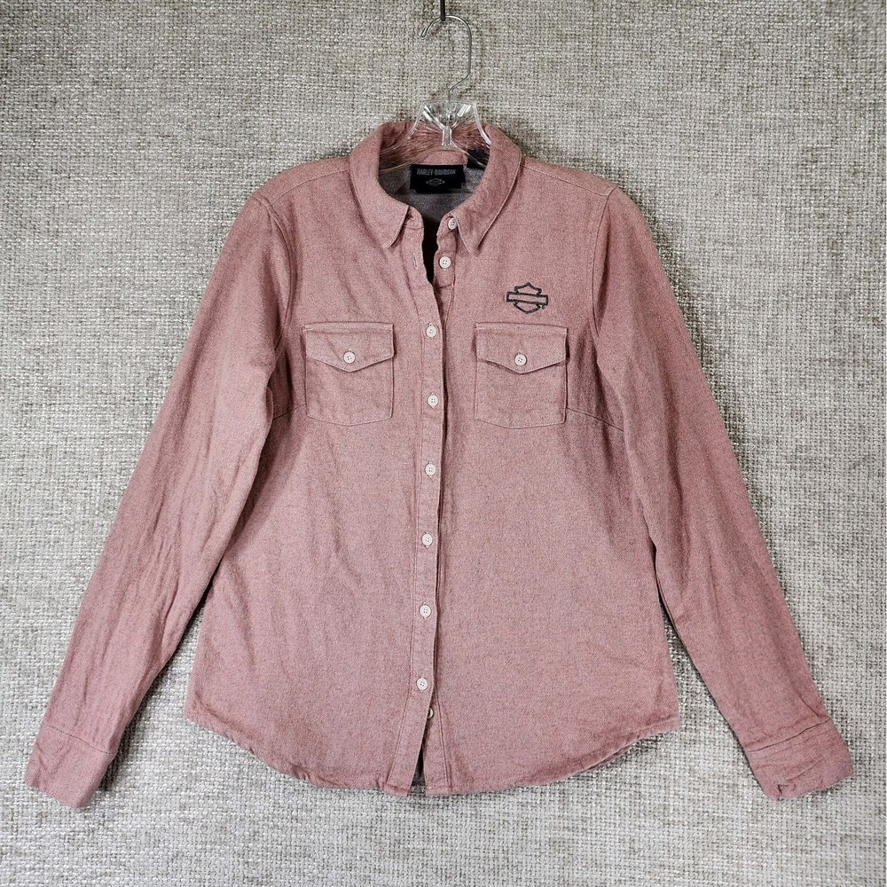 Harley Davidson Chrome Warrior Melange Shirt Womens S Pink Button Up‎ Flannel